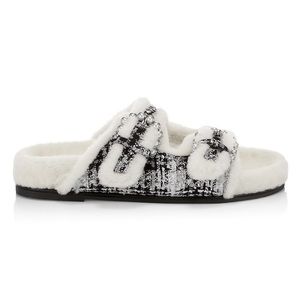 Stuart Weitzman Piper Chill Flannel Tweed Shearling Fur Slide